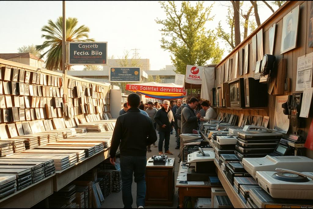 Puestos del Persa Bío Bío con cassettes, vinilos y consolas antiguas